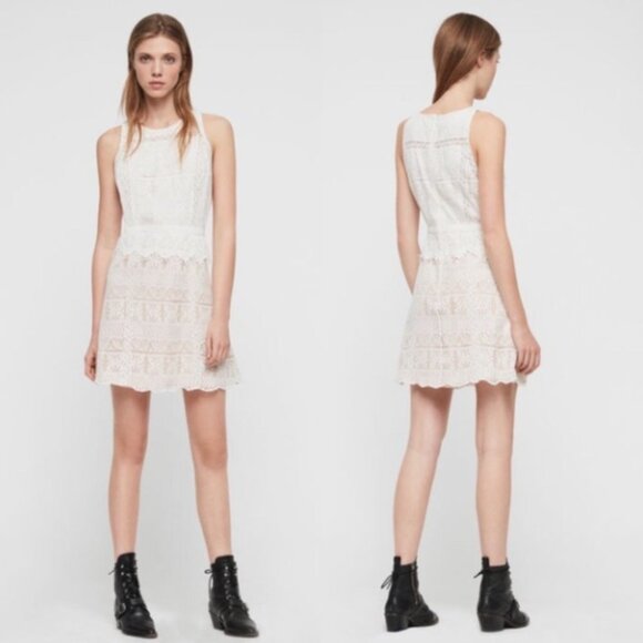 NWT ALL SAINTS Lace Pattern Melia  Mini Dress in oyster white Size 6 - Picture 1 of 16